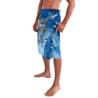 Blue patterned lavalava with ankh emblem applique and front wrap panel