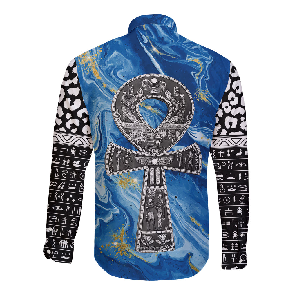 Long-sleeve shirt with blue ankh emblem on back and black-and-white icon print sleeves