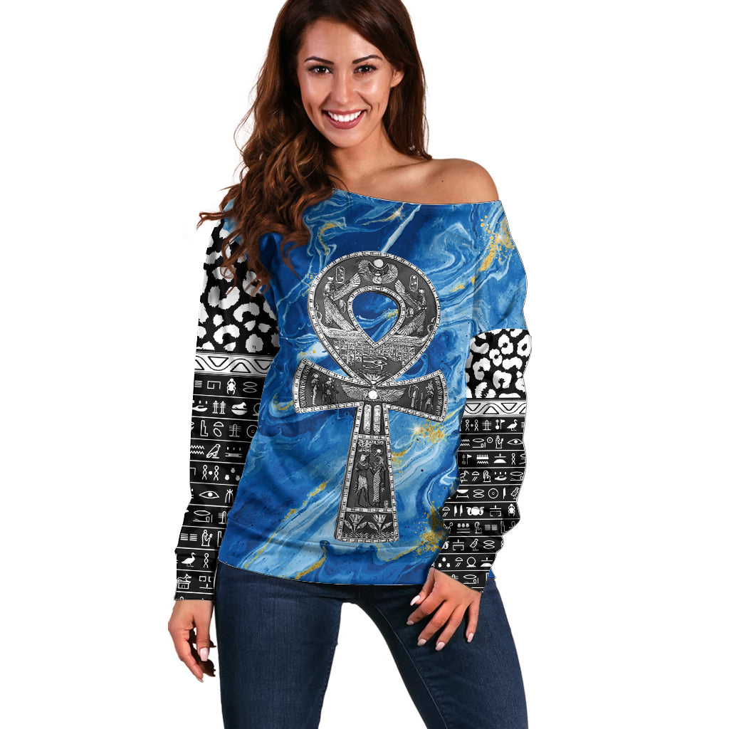 Ankh On Blue Off Shoulder Sweater Pan African