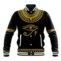 Black unisex baseball jacket with yellow Eye of Horus graphic, ribbed collar and striped cuffs