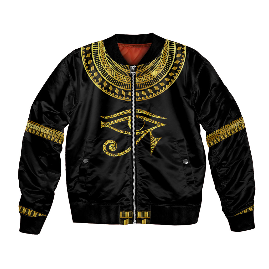 Black bomber jacket with gold Egyptian eye graphic, ribbed collar and cuffs, front zipper