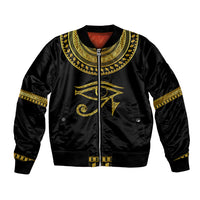 Black bomber jacket with gold Egyptian eye graphic, ribbed collar and cuffs, front zipper
