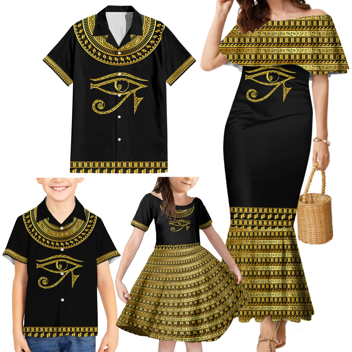 Eyes Of Horus Family Matching Mermaid Dress and Hawaiian Shirt Egyptian Art - Wonder Print Shop