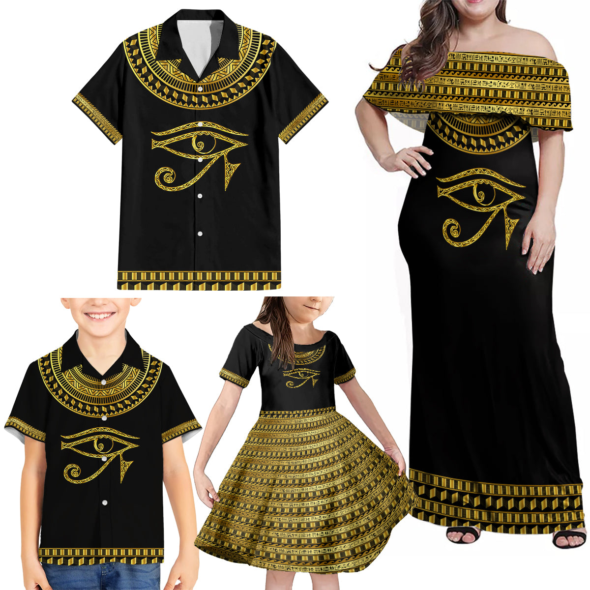 Eyes Of Horus Family Matching Off Shoulder Maxi Dress and Hawaiian Shirt Egyptian Art - Wonder Print Shop