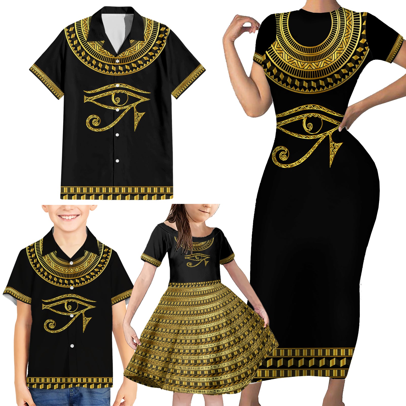 Eyes Of Horus Family Matching Short Sleeve Bodycon Dress and Hawaiian Shirt Egyptian Art - Wonder Print Shop