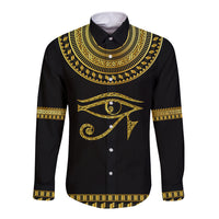 Black long-sleeve button shirt with gold Egyptian Eye of Horus front print