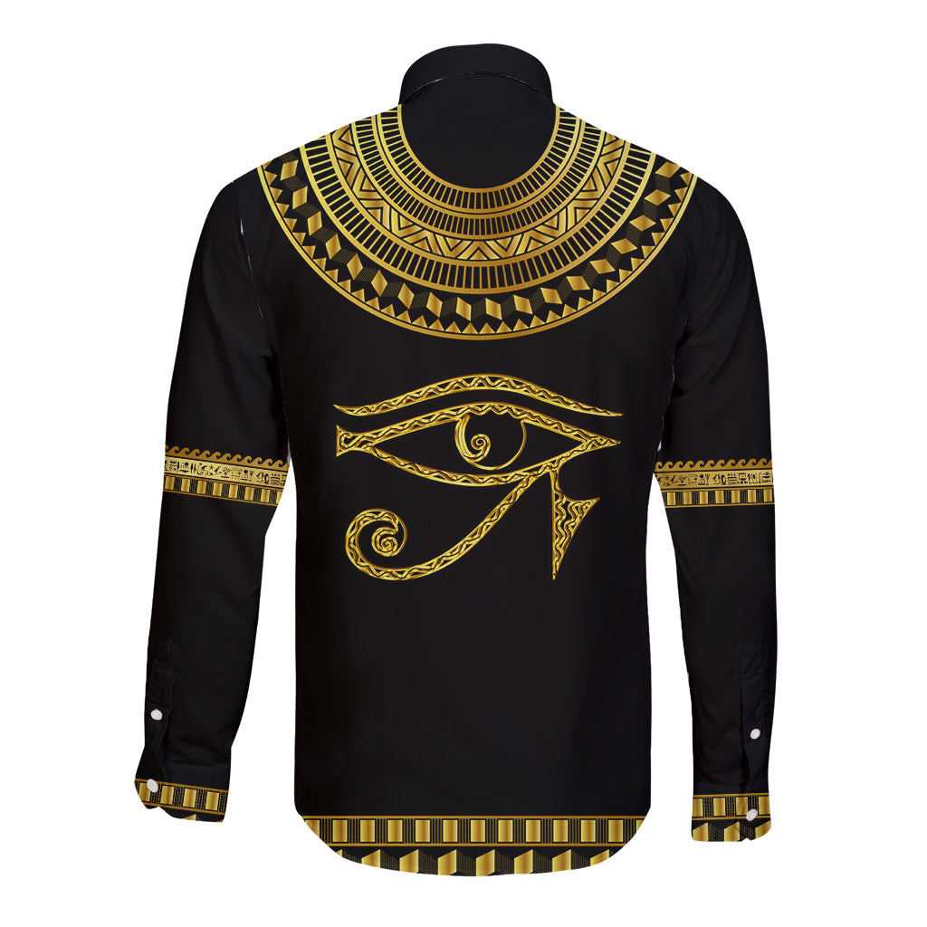 Black long-sleeve button shirt with gold Eye of Horus back design