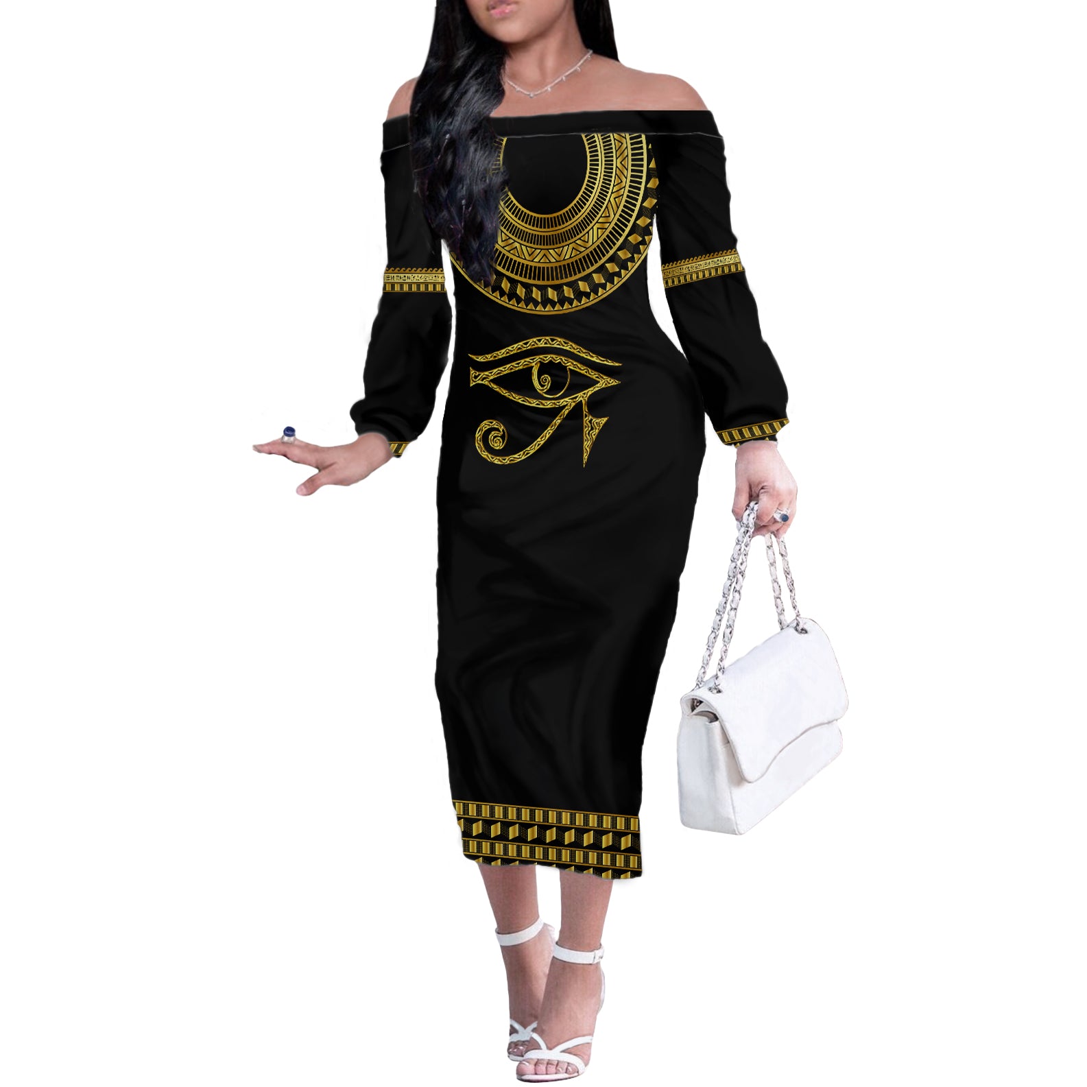 Eyes Of Horus Off The Shoulder Long Sleeve Dress Egyptian Art