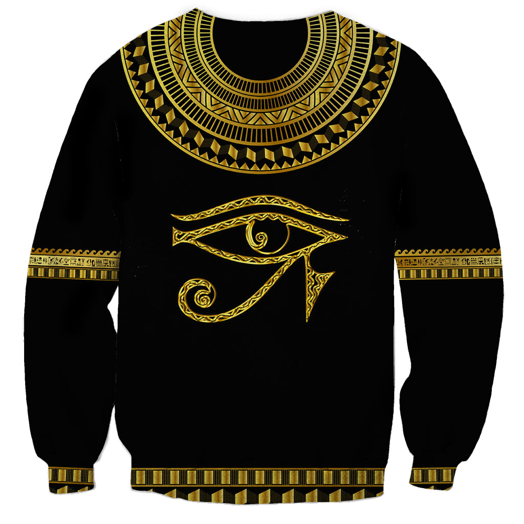 Black sweatshirt with gold Egyptian eye print, ribbed hem and cuffs