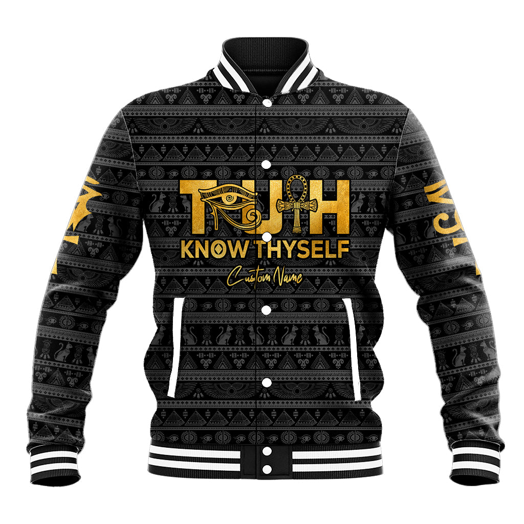 Black unisex baseball jacket, gold Eye of Horus and 'Know Thyself' front design