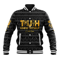 Black unisex baseball jacket, gold Eye of Horus and 'Know Thyself' front design