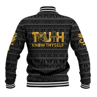 Black unisex baseball jacket with gold 'Know Thyself' Eye of Horus and Ankh back