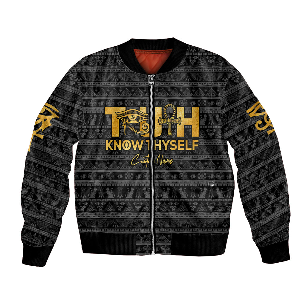 Black bomber jacket, front zipper; gold Eye of Horus and ankh graphic, ribbed cuffs