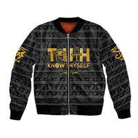 Black bomber jacket, front zipper; gold Eye of Horus and ankh graphic, ribbed cuffs
