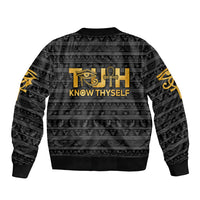Black bomber jacket with gold Eye of Horus and ankh front graphic, ribbed hem and cuffs