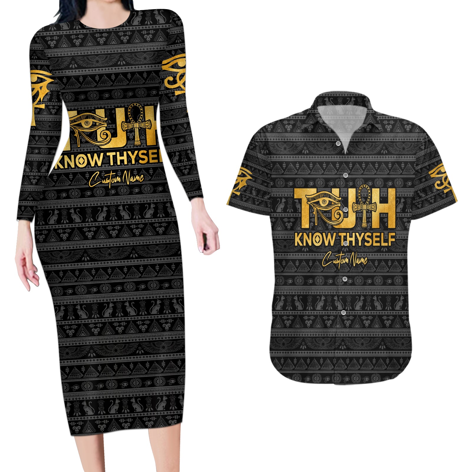 Personalized Truth Know Thyself Couples Matching Long Sleeve Bodycon Dress and Hawaiian Shirt Eye of Horus and Ankh - Wonder Print Shop