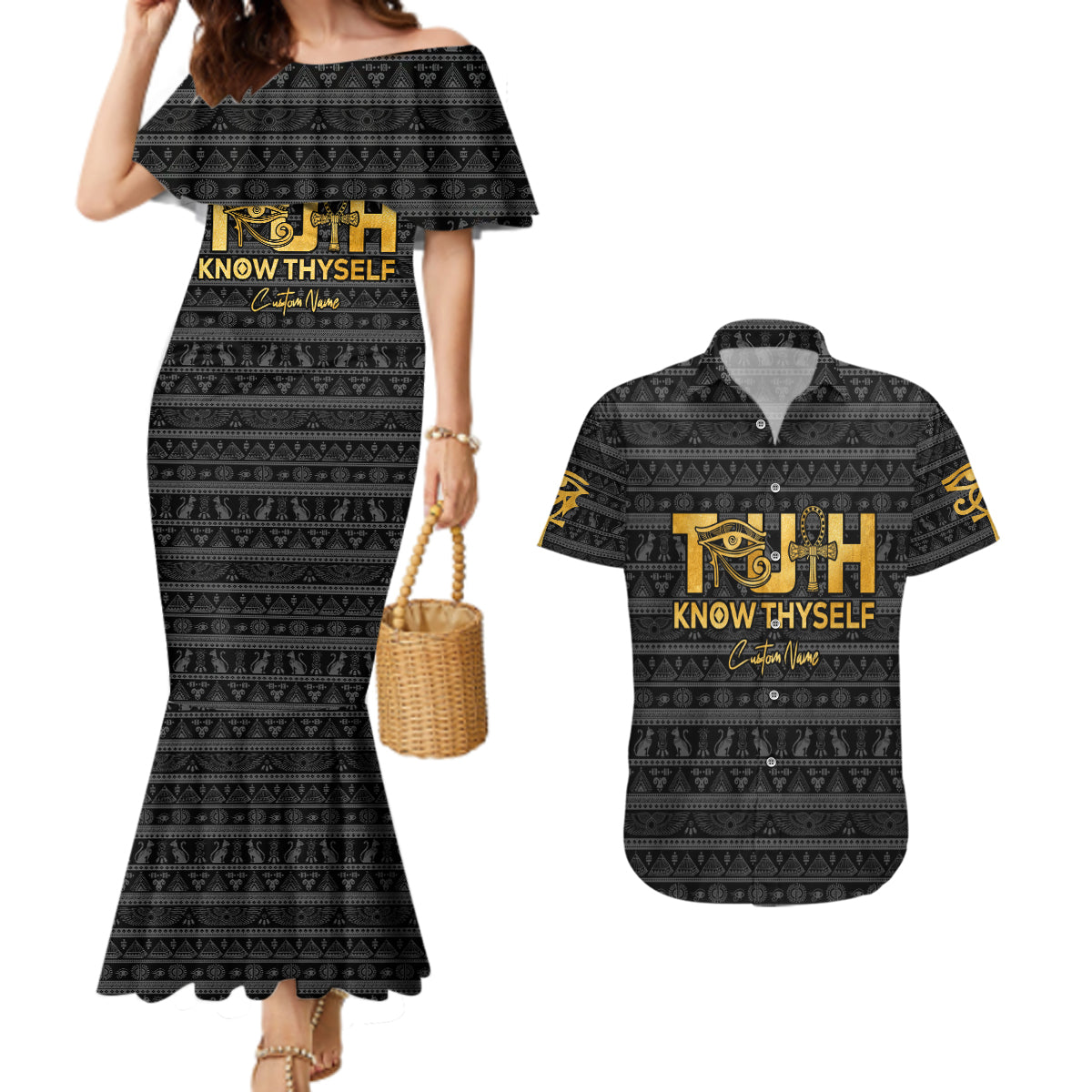 Personalized Truth Know Thyself Couples Matching Mermaid Dress and Hawaiian Shirt Eye of Horus and Ankh - Wonder Print Shop