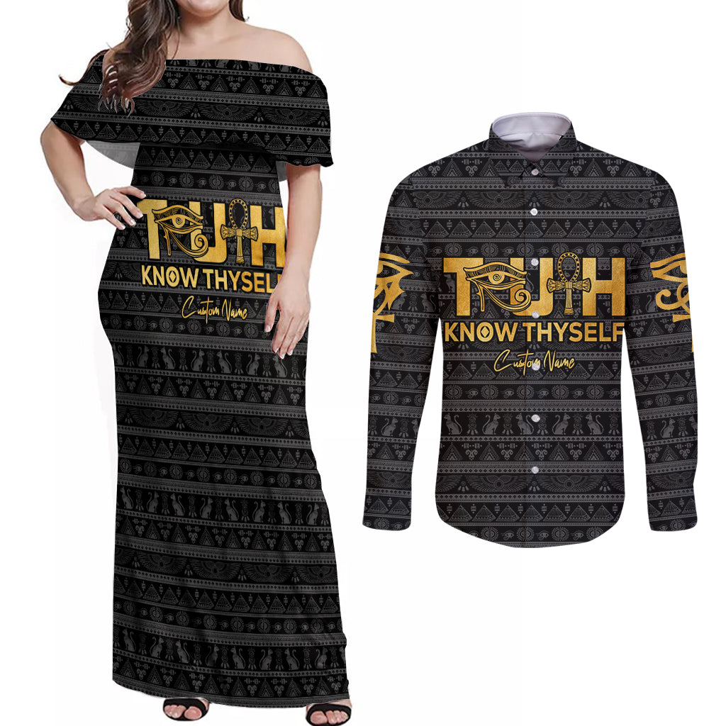 Personalized Truth Know Thyself Couples Matching Off Shoulder Maxi Dress and Long Sleeve Button Shirt Eye of Horus and Ankh - Wonder Print Shop