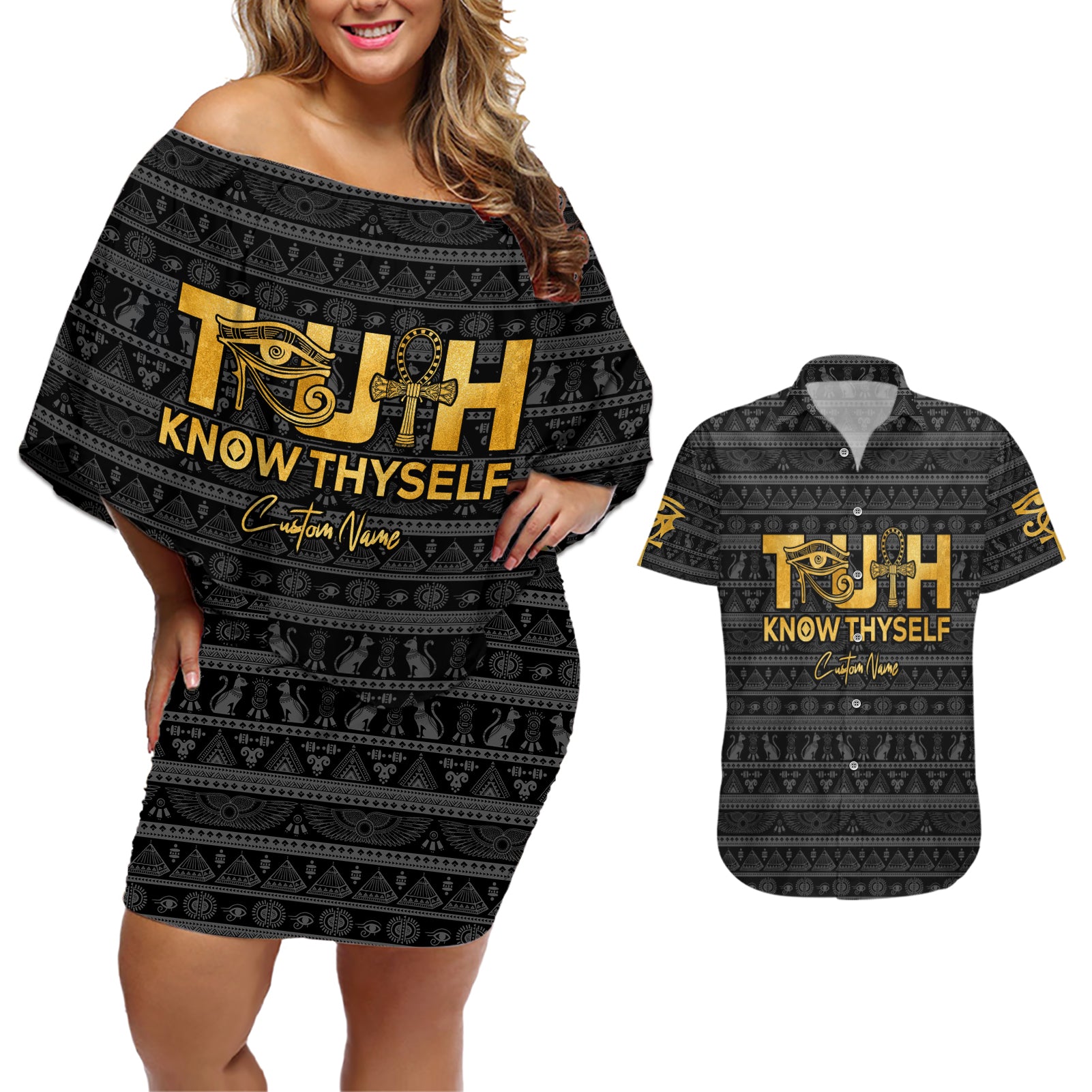 Personalized Truth Know Thyself Couples Matching Off Shoulder Short Dress and Hawaiian Shirt Eye of Horus and Ankh - Wonder Print Shop