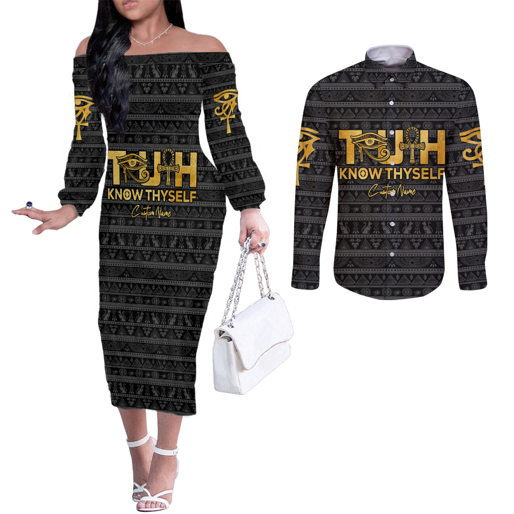 Personalized Truth Know Thyself Couples Matching Off The Shoulder Long Sleeve Dress and Long Sleeve Button Shirt Eye of Horus and Ankh