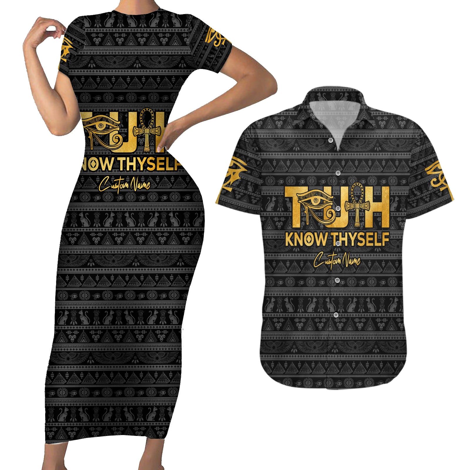 Personalized Truth Know Thyself Couples Matching Short Sleeve Bodycon Dress and Hawaiian Shirt Eye of Horus and Ankh - Wonder Print Shop