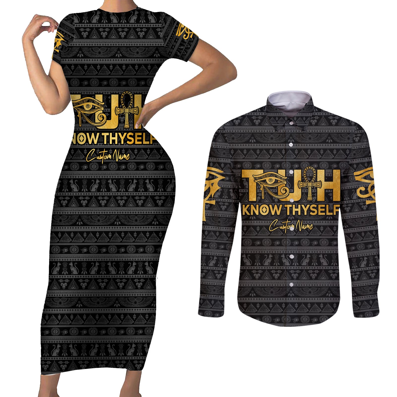 Personalized Truth Know Thyself Couples Matching Short Sleeve Bodycon Dress and Long Sleeve Button Shirt Eye of Horus and Ankh - Wonder Print Shop