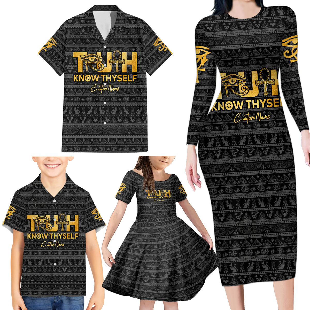 Personalized Truth Know Thyself Family Matching Long Sleeve Bodycon Dress and Hawaiian Shirt Eye of Horus and Ankh - Wonder Print Shop