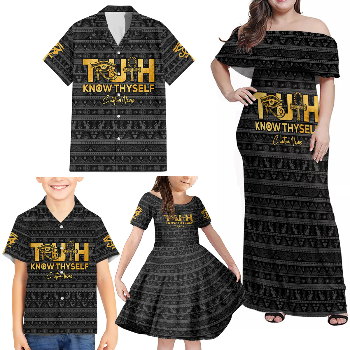 Personalized Truth Know Thyself Family Matching Off Shoulder Maxi Dress and Hawaiian Shirt Eye of Horus and Ankh - Wonder Print Shop