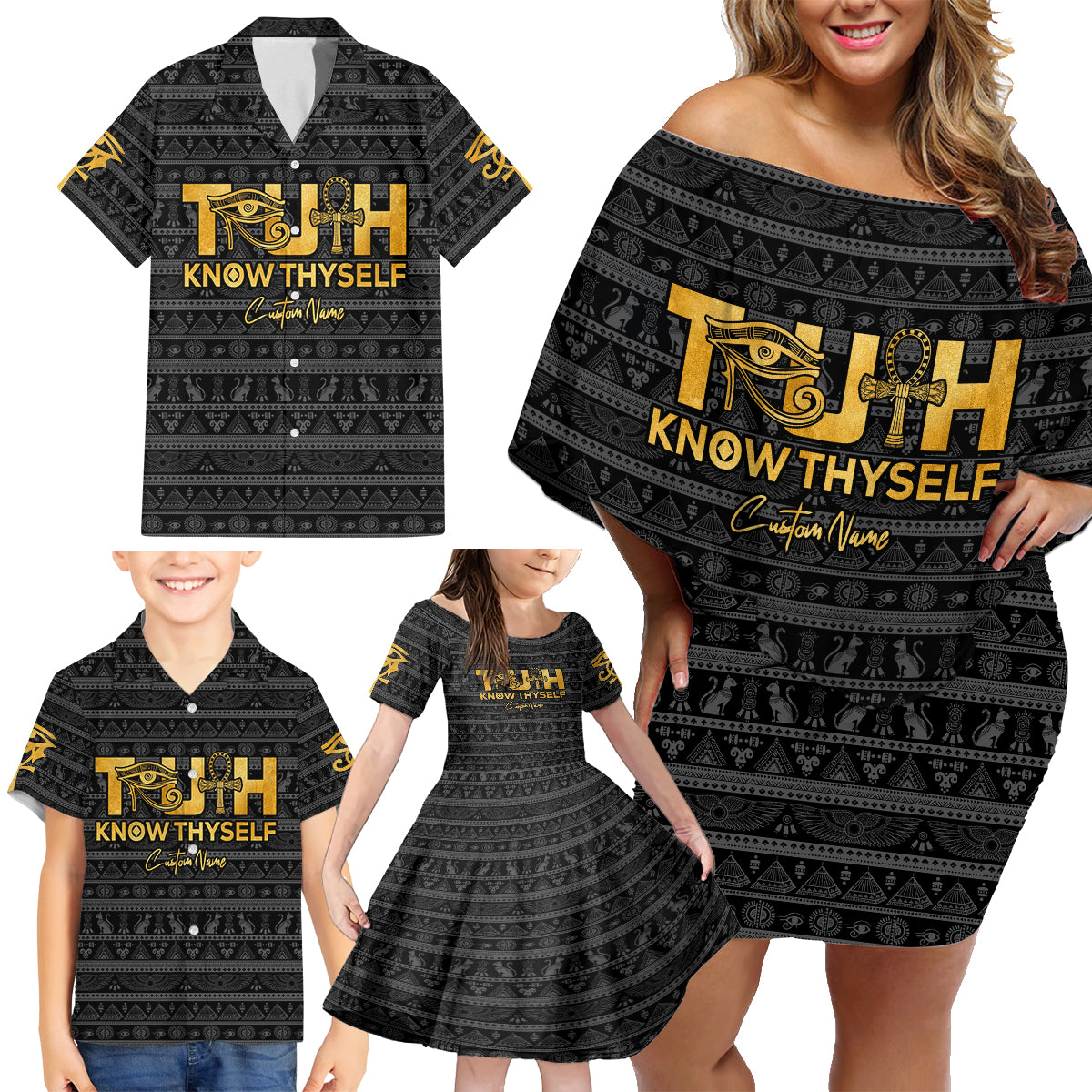 Personalized Truth Know Thyself Family Matching Off Shoulder Short Dress and Hawaiian Shirt Eye of Horus and Ankh - Wonder Print Shop