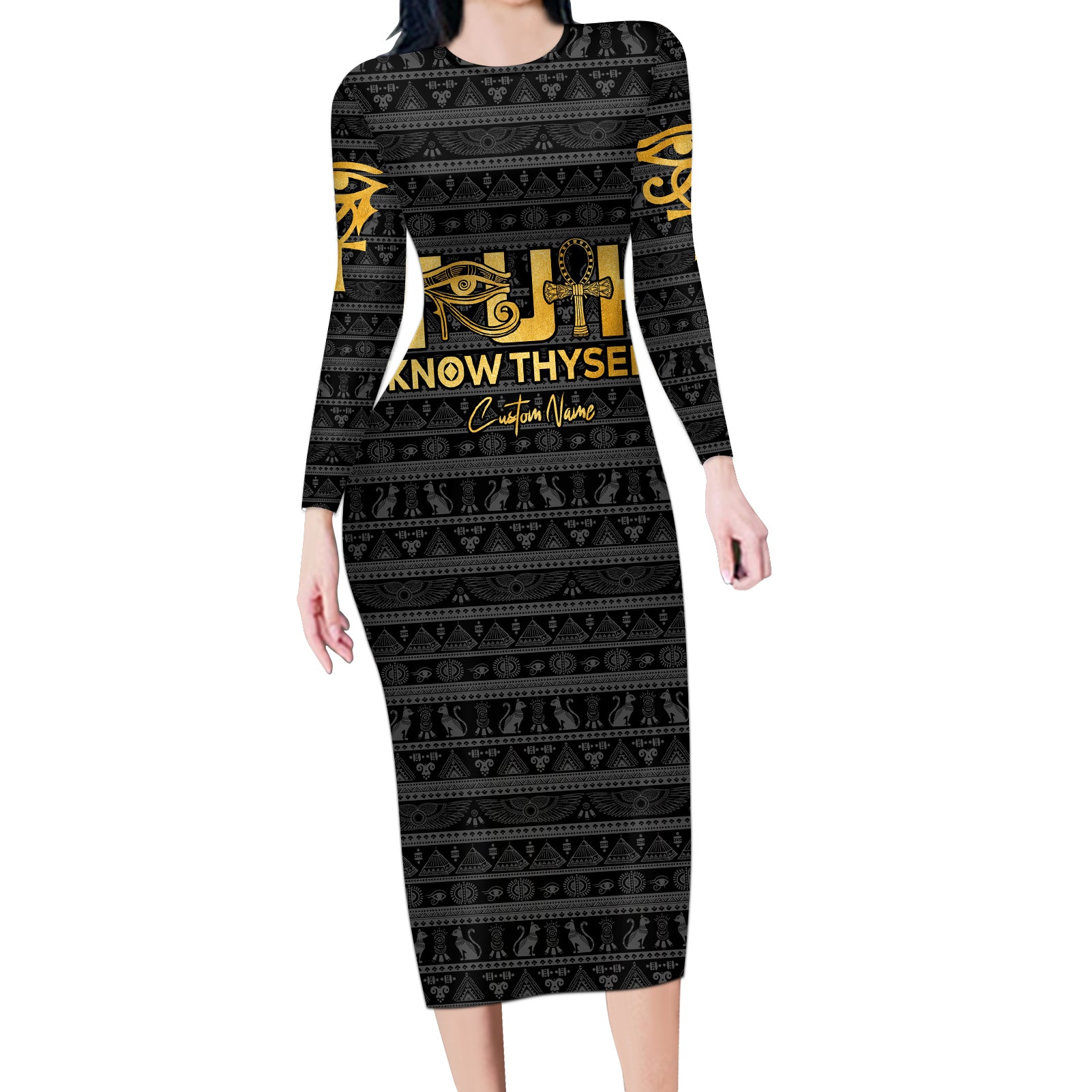 Personalized Truth Know Thyself Long Sleeve Bodycon Dress Eye of Horus and Ankh - Wonder Print Shop