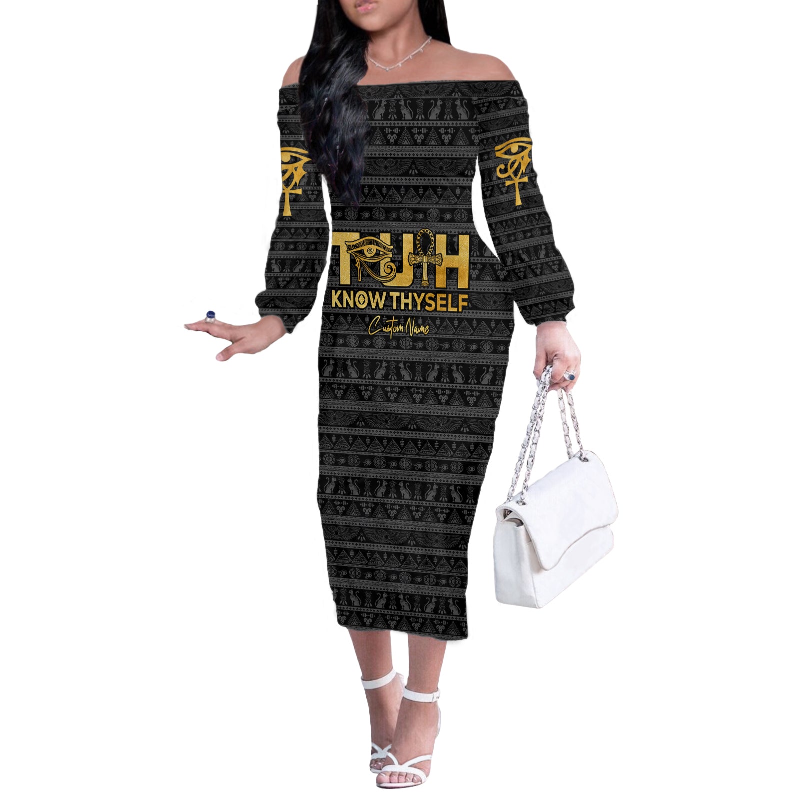 Personalized Truth Know Thyself Off The Shoulder Long Sleeve Dress Eye of Horus and Ankh - Wonder Print Shop