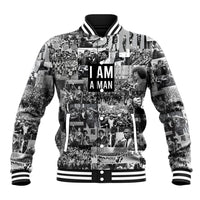 Black/white graphic baseball jacket with ribbed trim and 'I AM A MAN' front print
