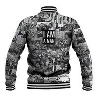 Black/white graphic baseball jacket back with ribbed hem and striped collar trim