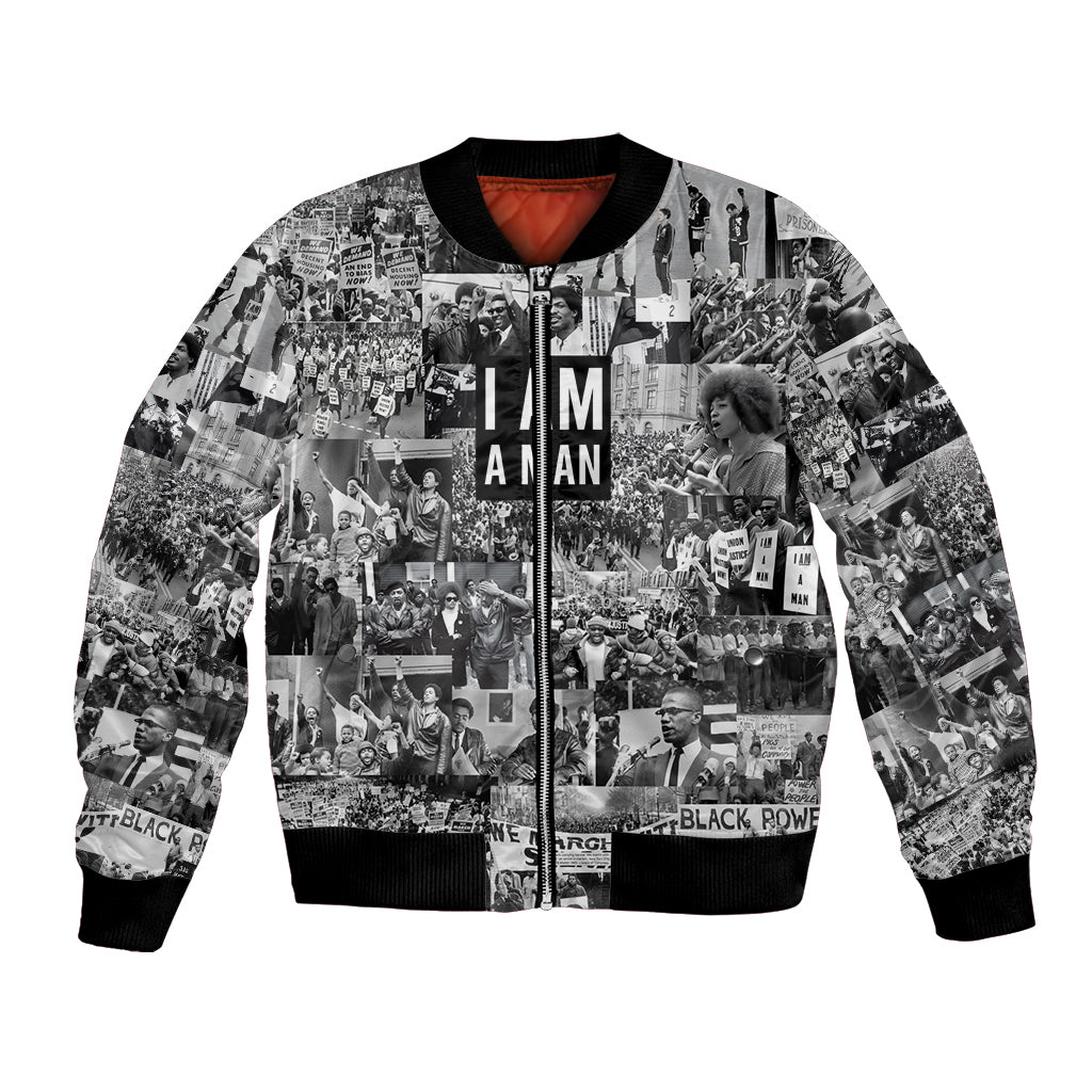 Unisex black bomber jacket with graphic photo collage, zip front, ribbed cuffs and hem
