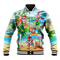 Unisex baseball jacket with tropical Santa beach and wave graphic, button front