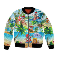 Unisex bomber jacket with tropical Santa beach print, black ribbed cuffs and hem.