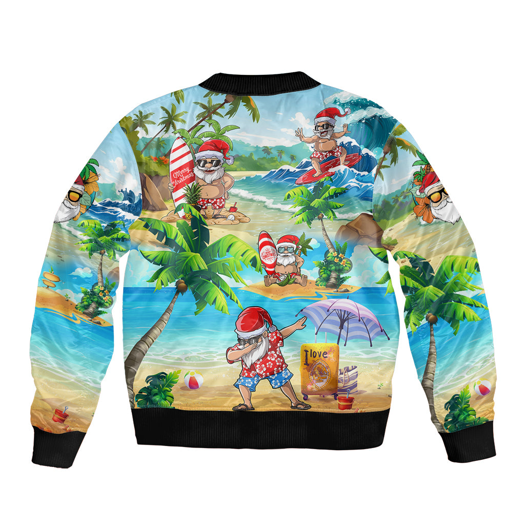 Unisex bomber jacket with tropical beach artwork, Santa and boy, black ribbed trim.