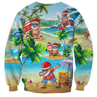 Unisex teal crewneck sweatshirt with Santa surfing, palm beach print, long sleeves