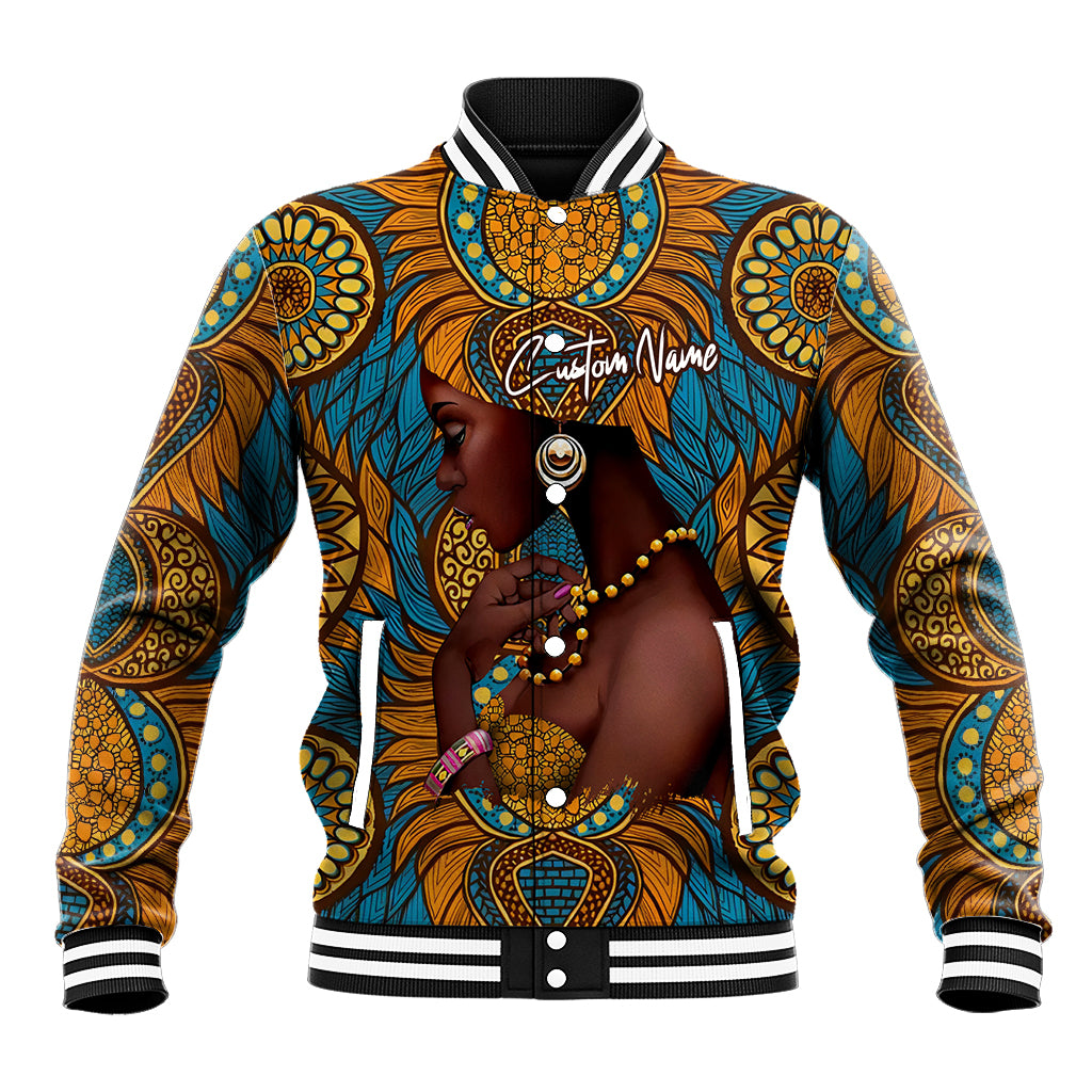 Black ribbed baseball jacket with bright African-style print and custom name text