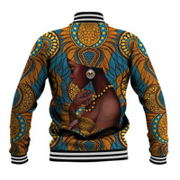 Black ribbed baseball jacket with bright African-style back print and snap button hem