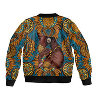 Personalized bomber jacket front view, black zipper, bold circular print with teal and gold