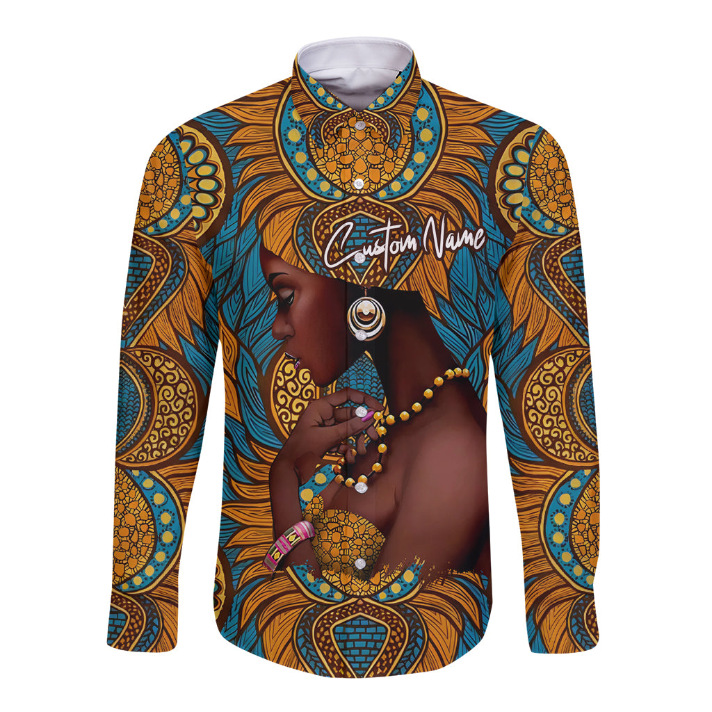 Long-sleeve hooded shirt with colorful portrait and ornate tribal pattern, custom name