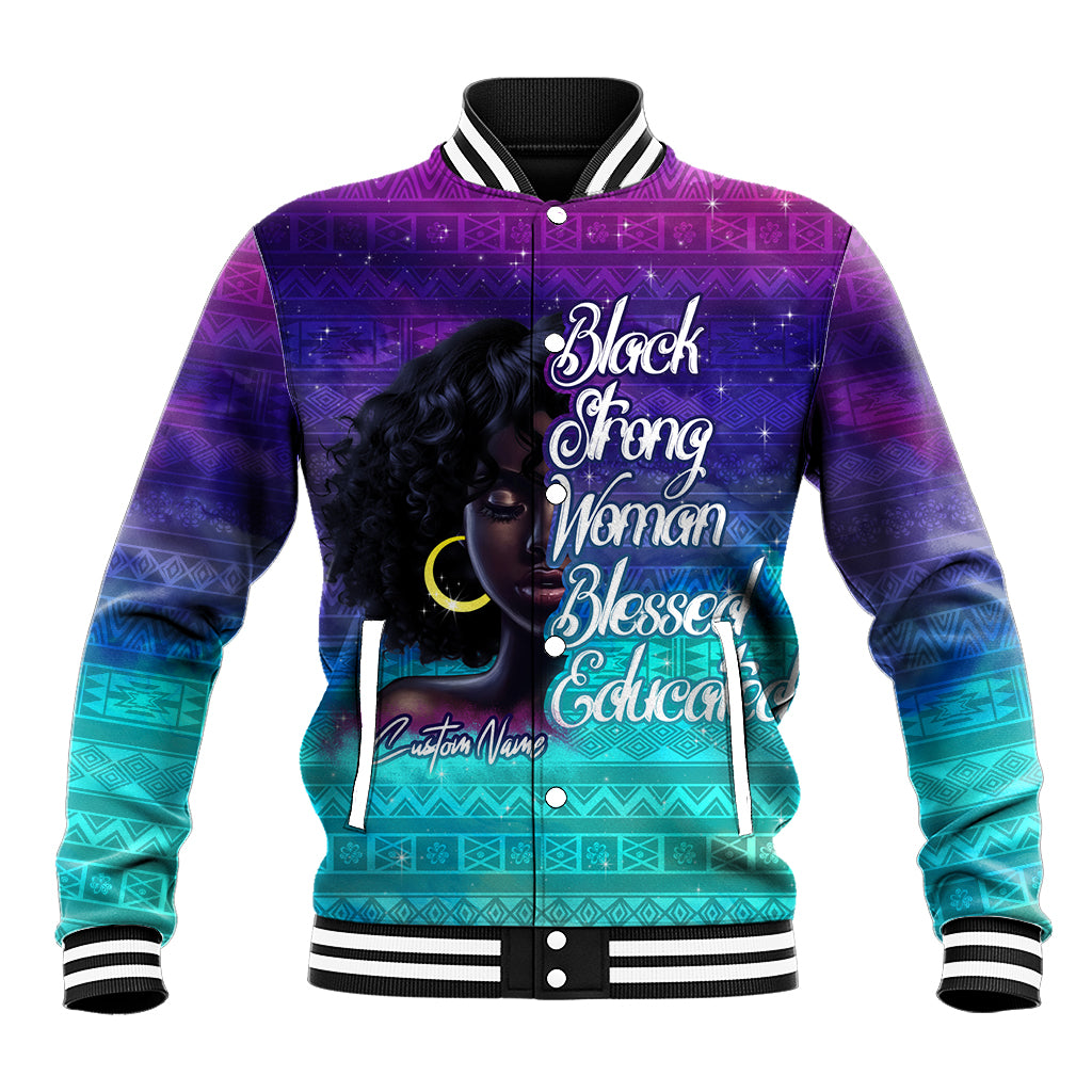 Unisex baseball jacket, purple to teal gradient with front portrait and varsity lettering