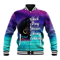 Unisex baseball jacket, purple to teal gradient with front portrait and varsity lettering