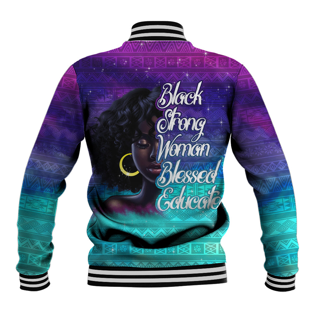 Unisex baseball jacket, purple to teal gradient with back portrait and varsity lettering