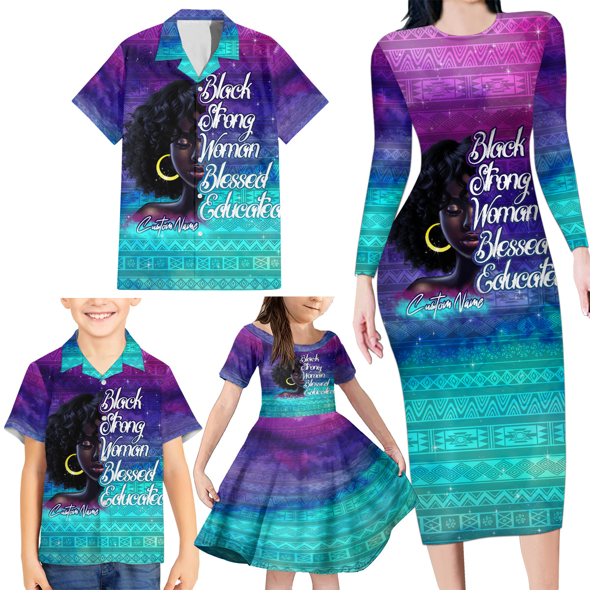 Black Strong Women Blessed Educated Family Matching Long Sleeve Bodycon Dress and Hawaiian Shirt African Girl