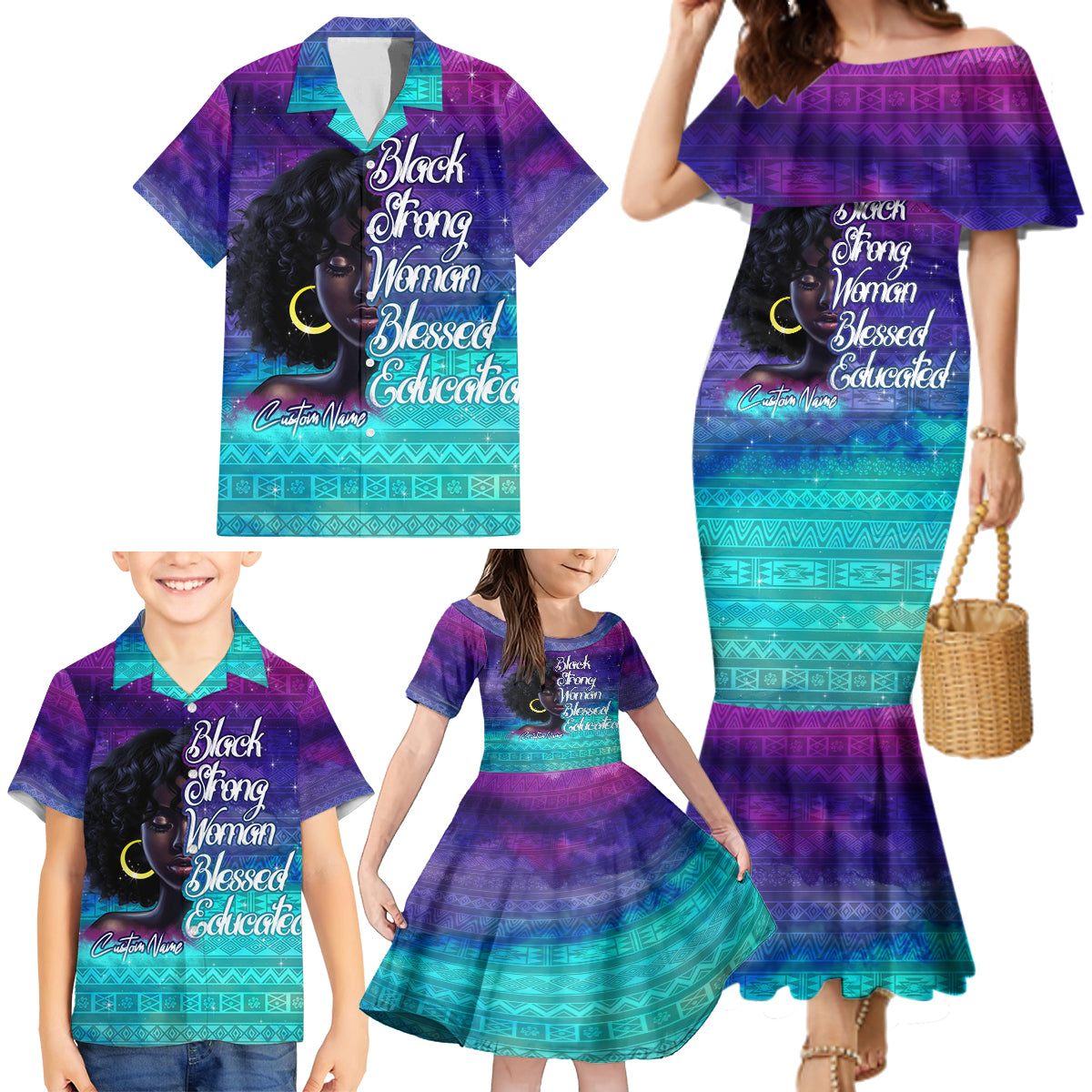 Black Strong Women Blessed Educated Family Matching Mermaid Dress and Hawaiian Shirt African Girl