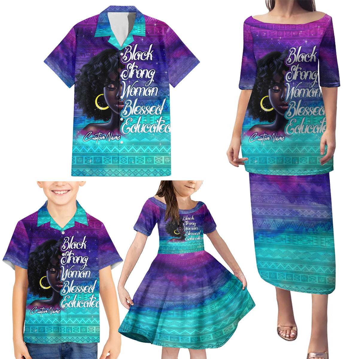 Black Strong Women Blessed Educated Family Matching Puletasi and Hawaiian Shirt African Girl