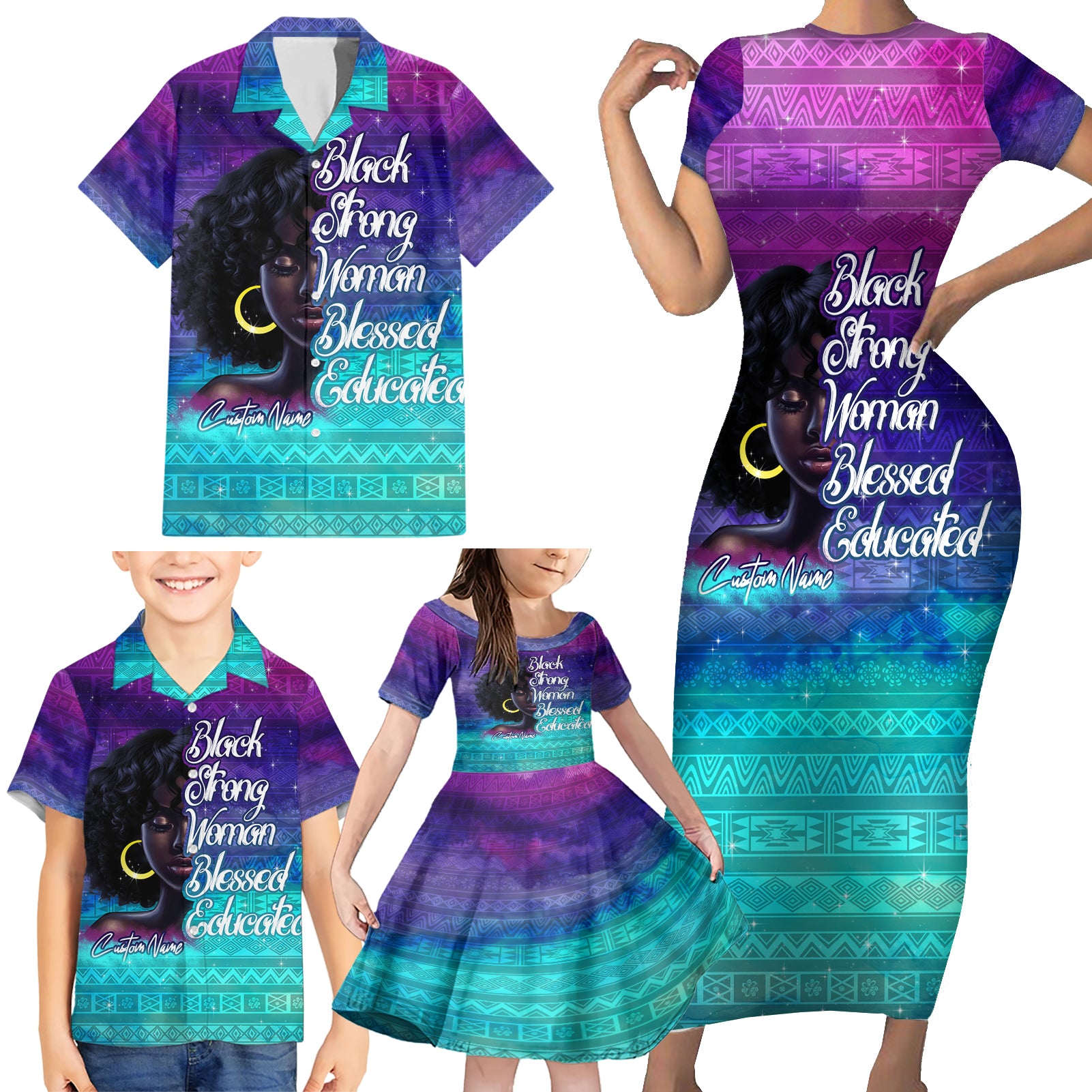 Black Strong Women Blessed Educated Family Matching Short Sleeve Bodycon Dress and Hawaiian Shirt African Girl