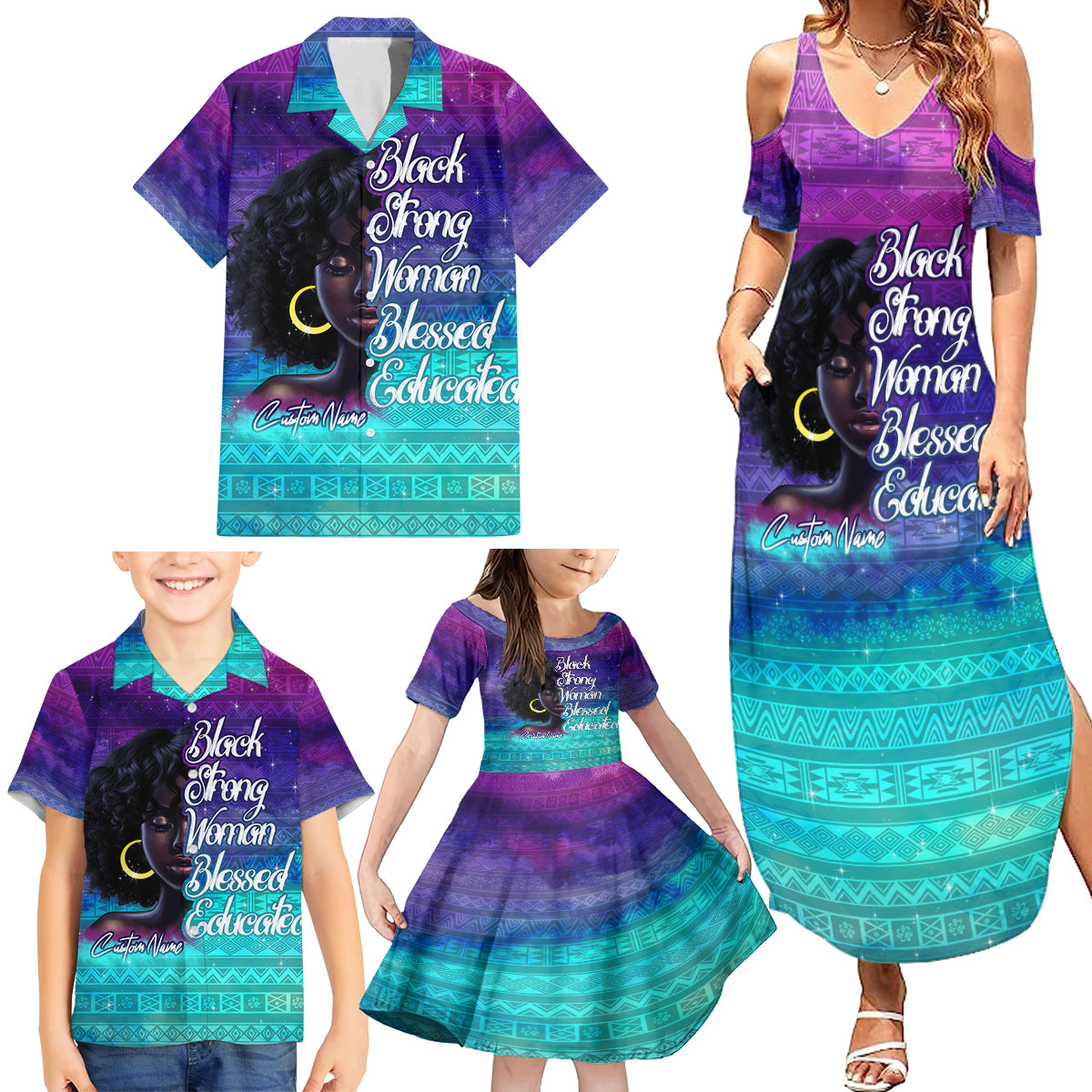 Black Strong Women Blessed Educated Family Matching Summer Maxi Dress and Hawaiian Shirt African Girl